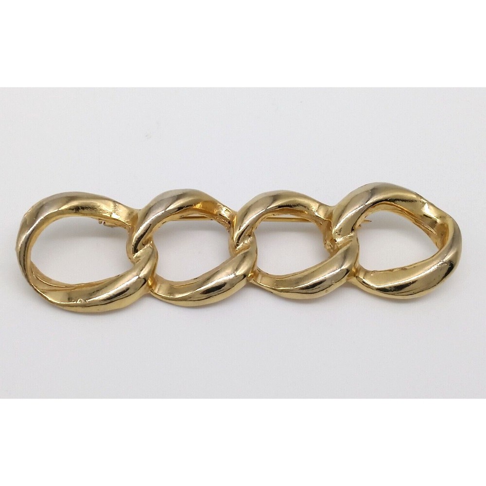 Vintage Curb Chain Link Bar Brooch Pin Modernist Gold Tone Interlocking Shiny